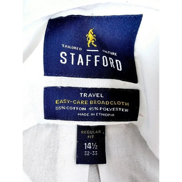 Stafford Regular Fit Size 14.5 32-33 White Long Sleeve Travel Easy Care Shirt - Picture 4 of 8